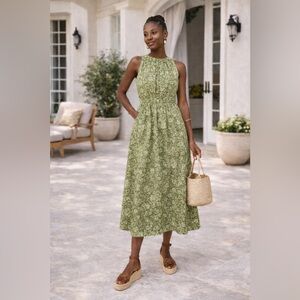 Tuckernuck Bergamot Floral Walker Dress M NWT Green Cotton Midi w Pockets